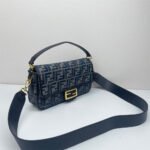 Blue Jacquard Monogram Shoulder Bag with Gold Clasp – Vintage-Inspired Structured Crossbody Purse