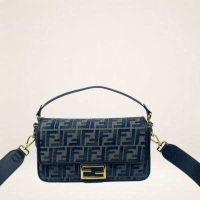 Blue Jacquard Monogram Shoulder Bag with Gold Clasp – Vintage-Inspired Structured Crossbody Purse