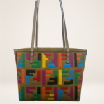 FF Monogram Denim & Leather Small Tote Bag – Structured Designer-Inspired Shoulder Carryall for Everyday Chic