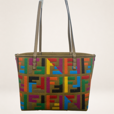 FF Monogram Denim & Leather Small Tote Bag – Structured Designer-Inspired Shoulder Carryall for Everyday Chic