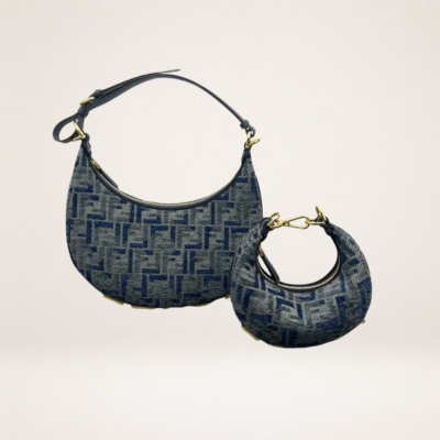 Luxury Monogram Denim Shoulder Bag Set – Crescent Hobo Designer-Inspired Handbag with Mini Pouch